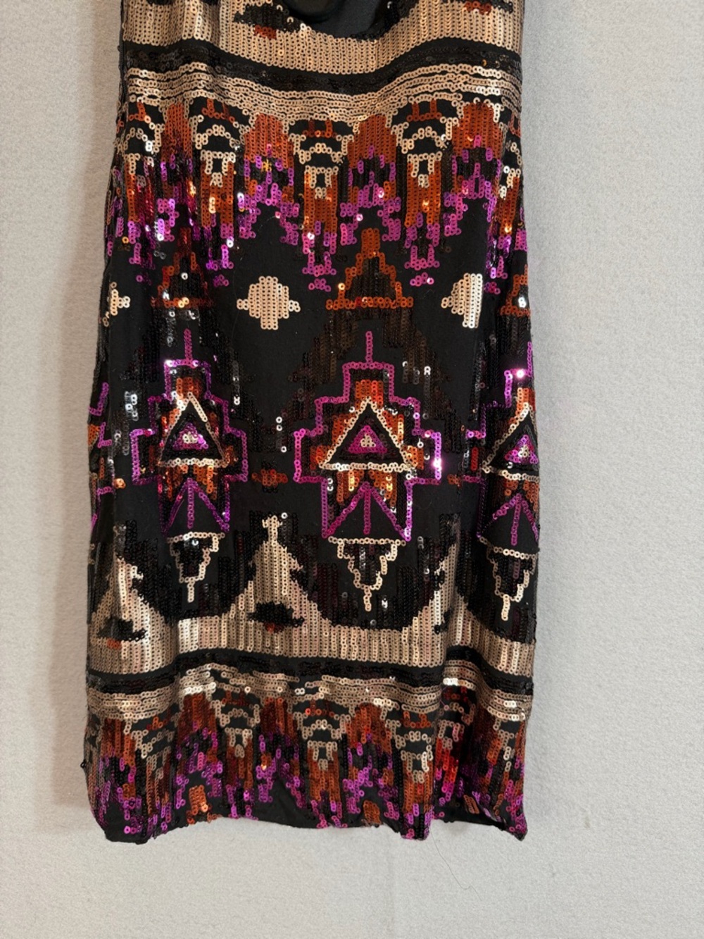 Sequin Mini Dress Size 1 Black Pink Geometric Aztec Strappy Party - Picture 6 of 15